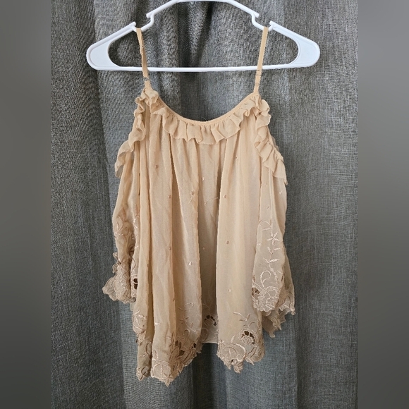 Coco Deal Japanese Chiffon Eyelet Off The Shoulders Blouse Tan Size 2 (US M) - Picture 4 of 7